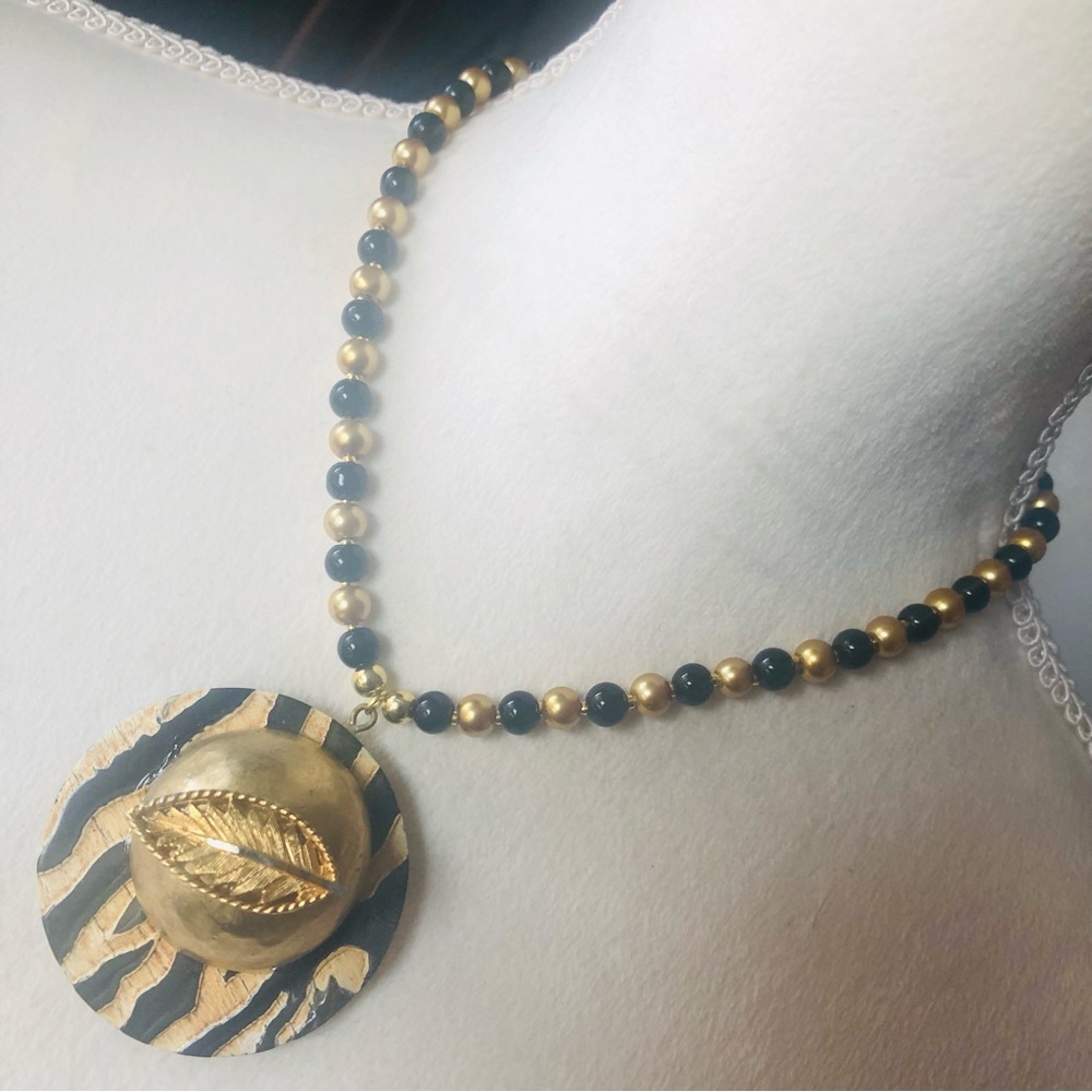 Handcrafted repurpose jungle inspired large pendant Czech glass Pearl necklace